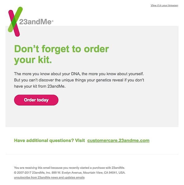 23andMe email semplice e concisa per il carrello abbandonato.