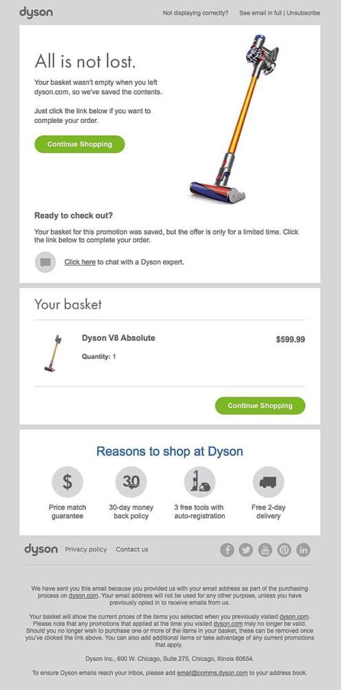 Esempio di email di carrello abbandonato Dyson superbo.