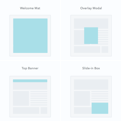 types of pop-up: welcome mat, overlay modal, top banner, slide-in box