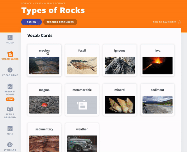 Flocabulary's Types of Rocks lesson Vocab Cards and Vocab Game