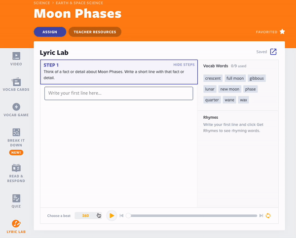 Flocabulary's Moon Phases lesson Lyric Lab activity