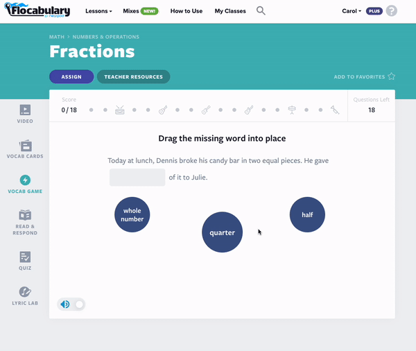 Flocabulary Vocab Game for the Fractions lesson
