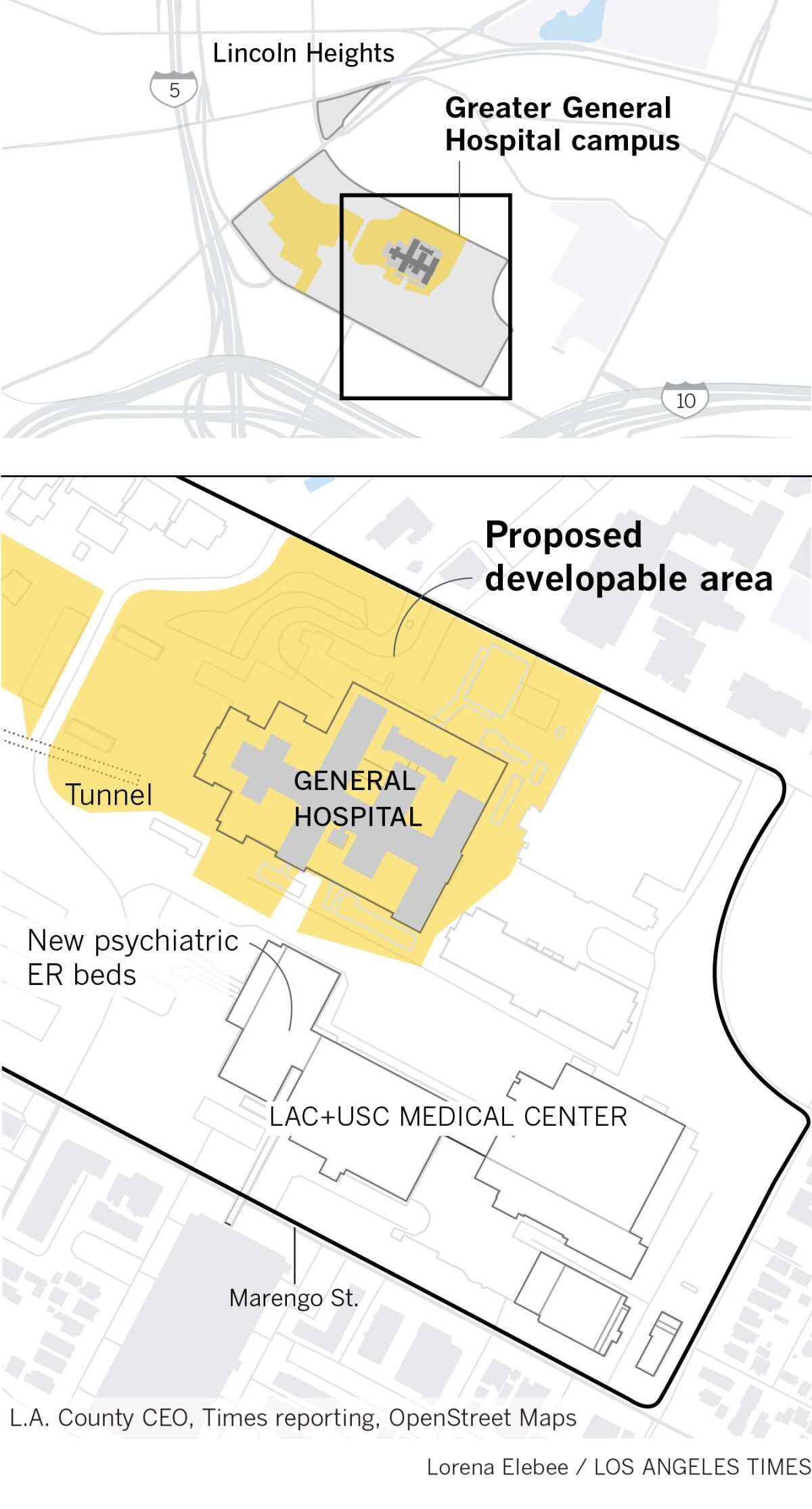 Mapa que muestra la zona urbanizable alrededor del histórico edificio del Hospital General en Los Ángeles.