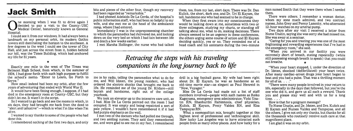 Bài báo tháng 1985 năm XNUMX này của Jack Smith đã xuất hiện trong mục View của Los Angeles Times.