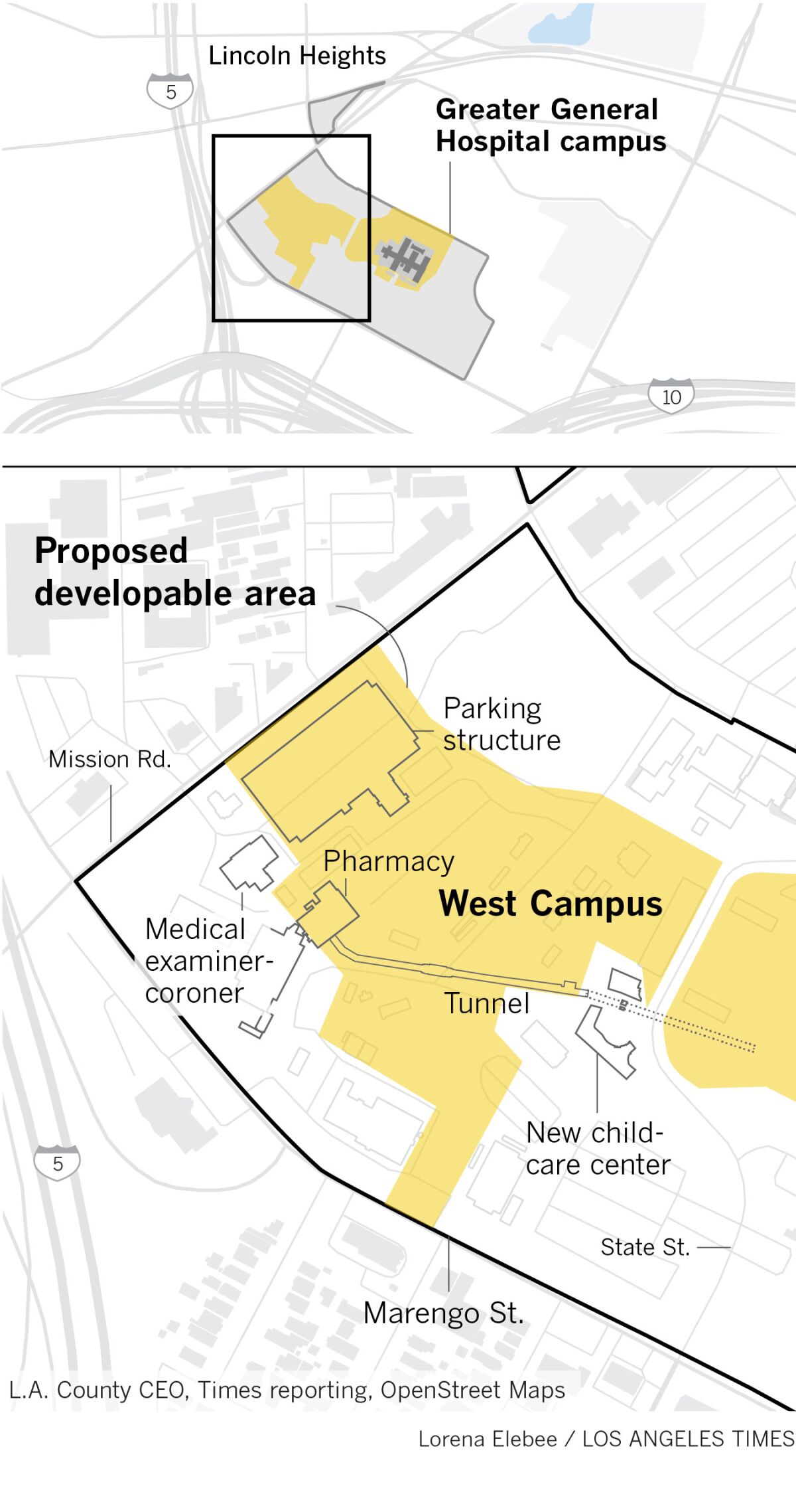 Bản đồ cho thấy khu vực có thể phát triển ở phía tây Bệnh viện Đa khoa lịch sử ở Los Angeles.