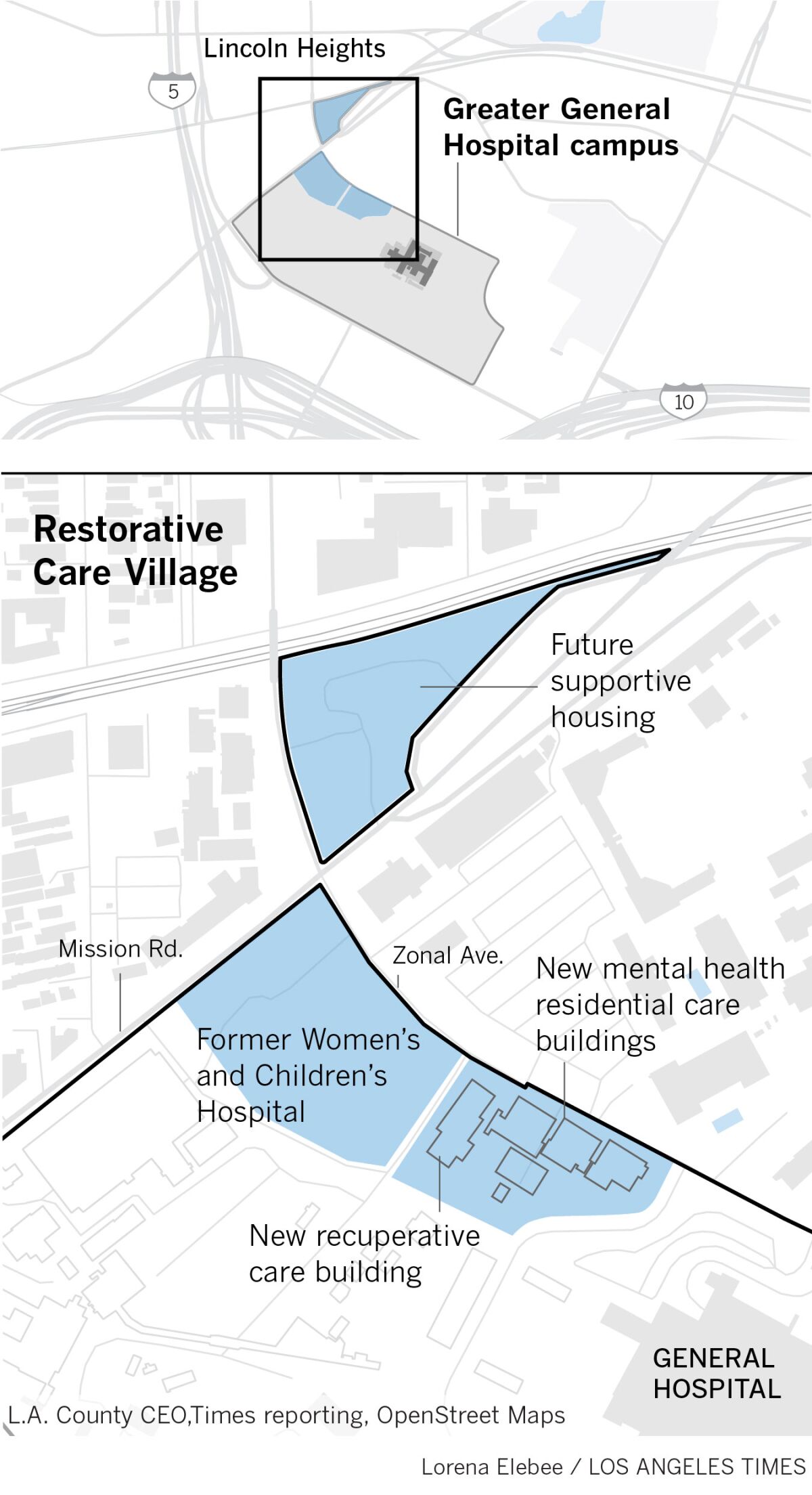 Bản đồ hiển thị khu vực phát triển Làng Chăm sóc Phục hồi gần tòa nhà Bệnh viện Đa khoa lịch sử ở Los Angeles.