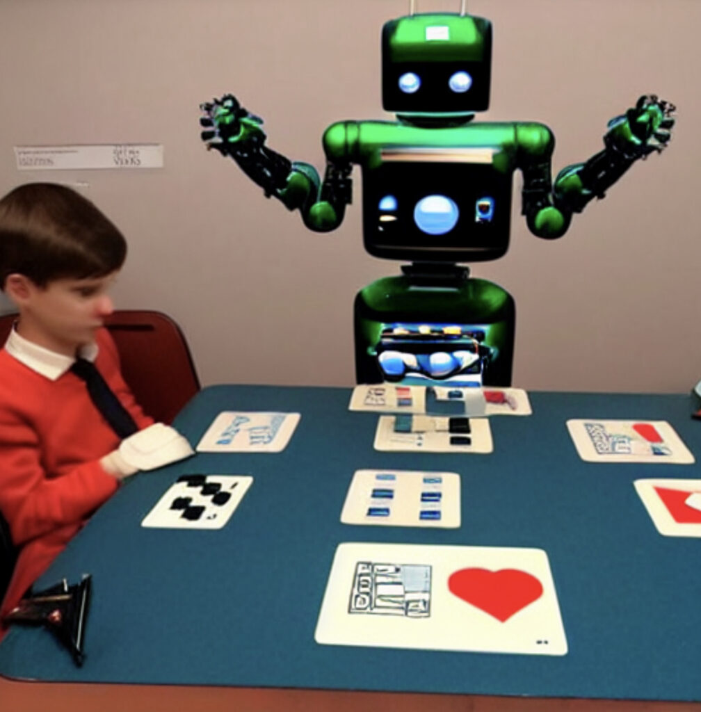 프롬프트: "외교 게임에서 다른 모든 사람을 이기는 로봇"