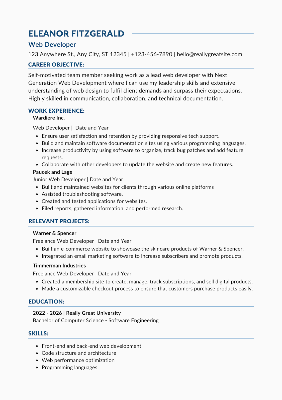 career objective for resume for fresher in computer science