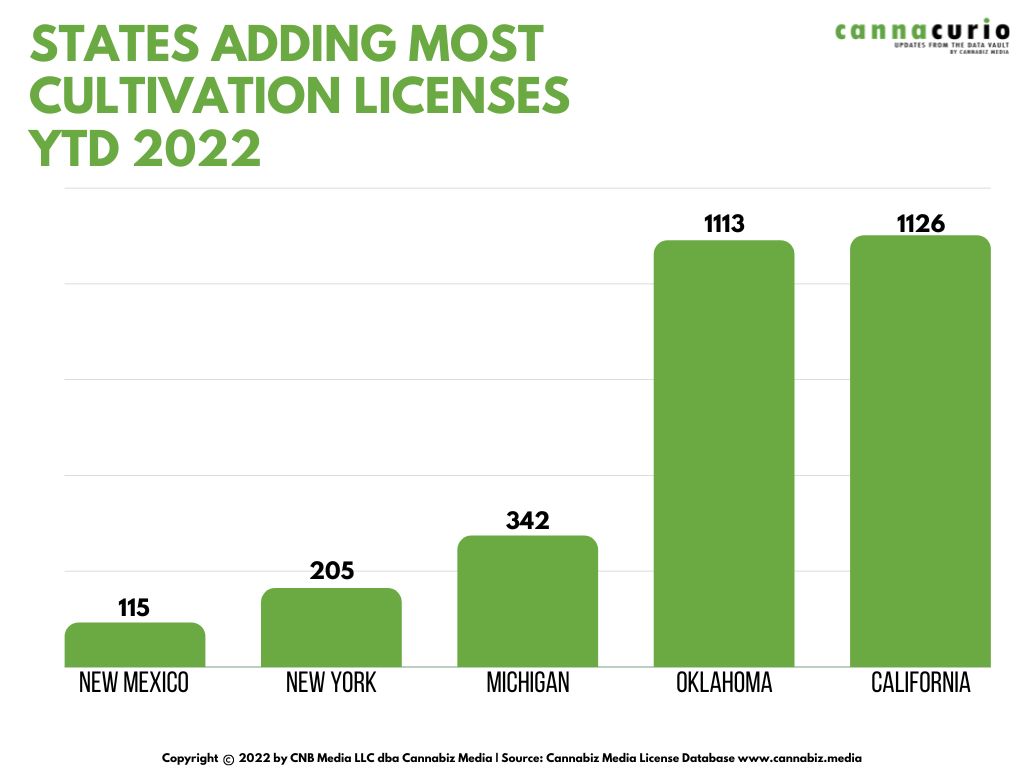 states adding most cannabis cultivation licenses YTD June 2022
