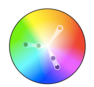 Roue chromatique avec trois couleurs triadiques tracées entre le violet, le vert et l'orange
