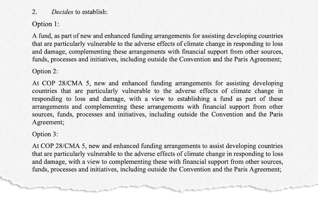 Borrador de texto de la COP28 con tres opciones de pérdidas y daños