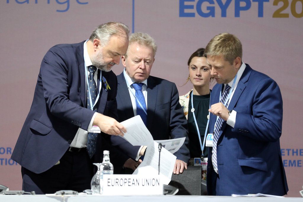 Representatives of the European Commission examine draft COP27 text at a Koronivia Joint Work on Agriculture Ministerial Panel
