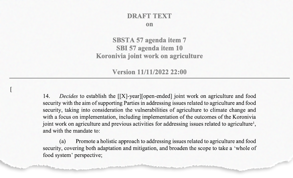 Proyecto de texto de la COP27 sobre el trabajo conjunto de Koronivia en agricultura