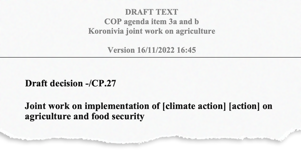Ontwerp van de COP27-titel voor het gezamenlijke werk van Koronivia op het gebied van landbouw