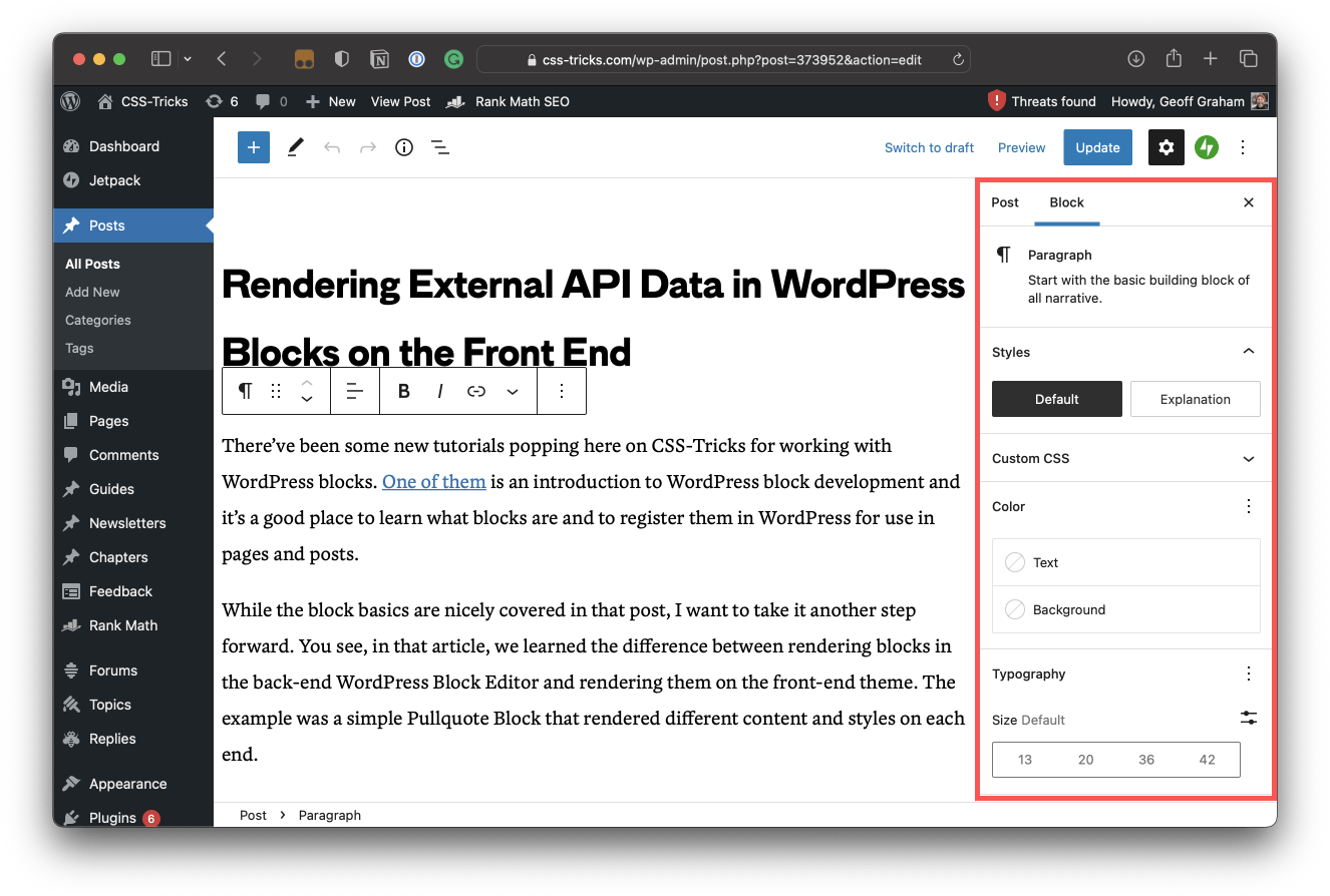 Trình chỉnh sửa khối WordPress với bảng điều khiển bên phải mở có chứa giao diện người dùng cài đặt cho khối Đoạn văn.