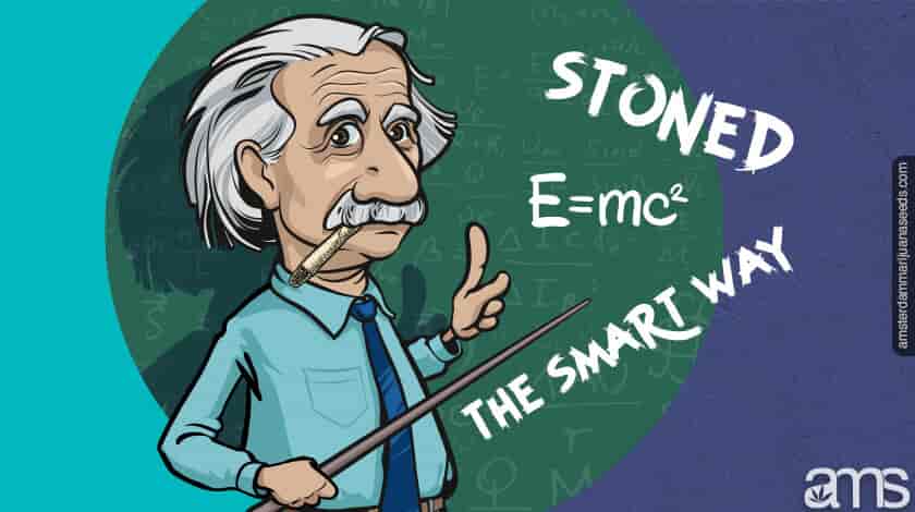 Einstein detrás de una pizarra con un porro en la boca
