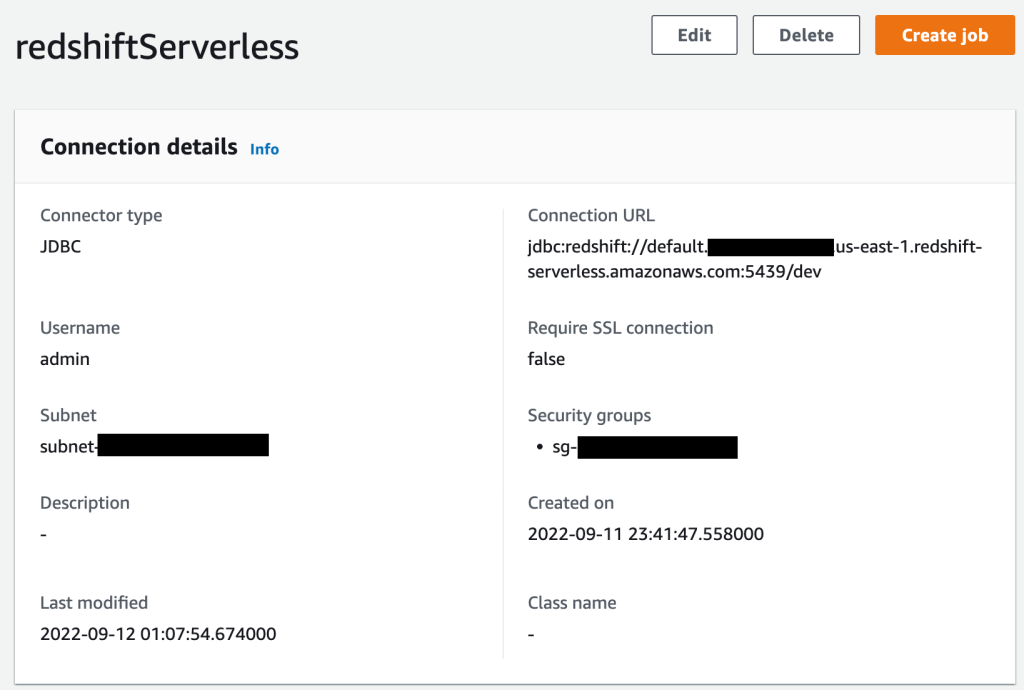 redshift serverless connection page