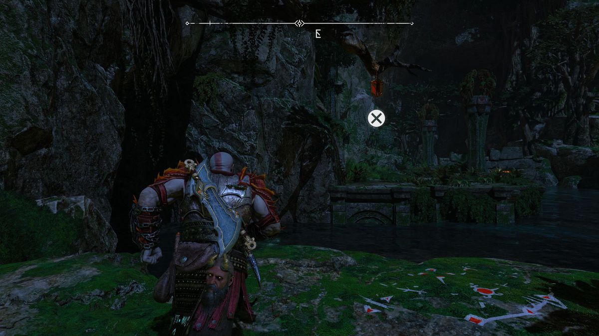 Kratos sprint naar een rivier in Vanaheim in God of War Ragnarok.