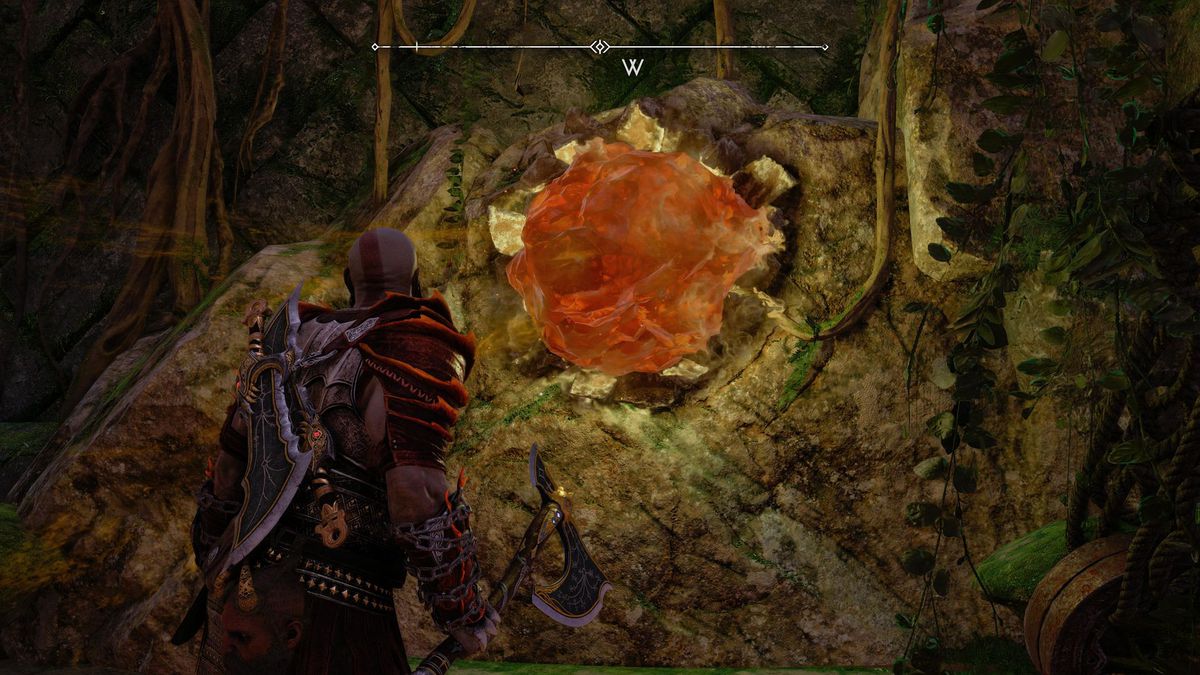 Kratos stares at a Crystalline shard in Vanaheim in God of War Ragnarok.