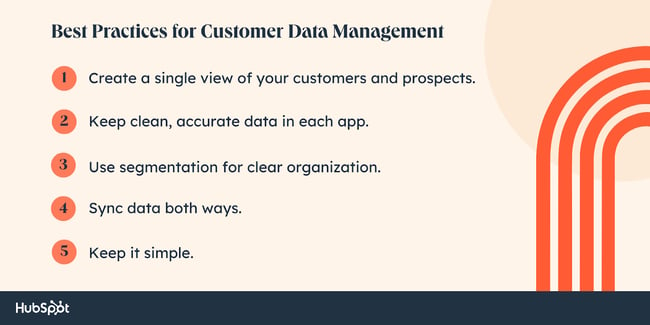 mejores prácticas de gestión de datos de clientes; cree una vista única, mantenga los datos limpios, use la segmentación, sincronice los datos, manténgalo simple