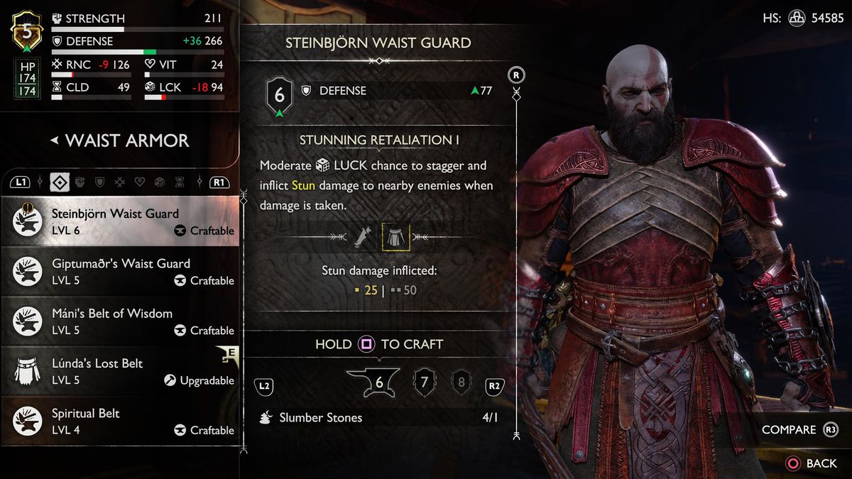 Kratos wears the Steinbjorn waist guard while standing in the armor menu of God of War Ragnarok.