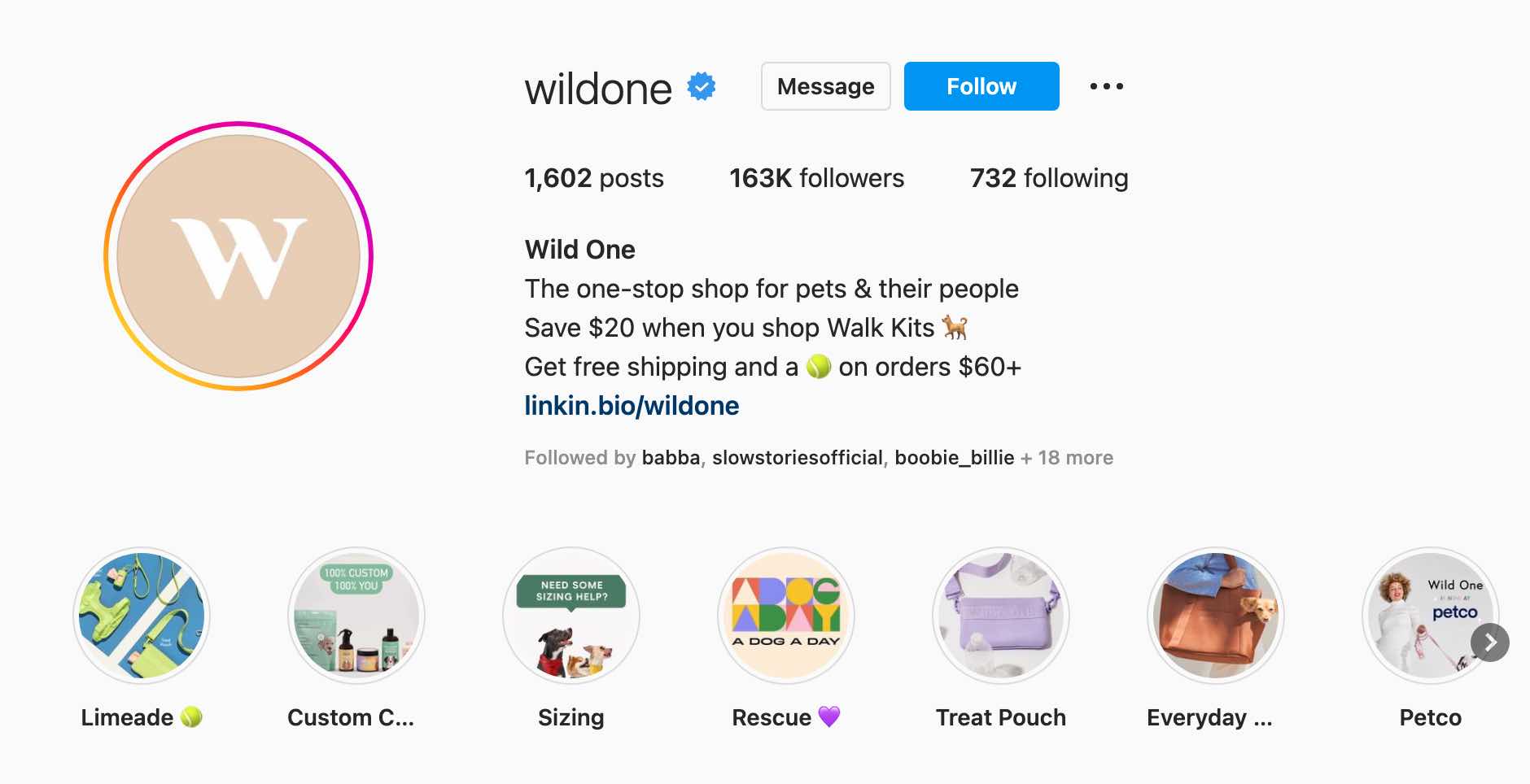 スモール ビジネス向けの instagram マーケティングとして、ペット ブランドの Wild One は Instagram のバイオを使用して、スモール ビジネスのプロモーションを促進しています。