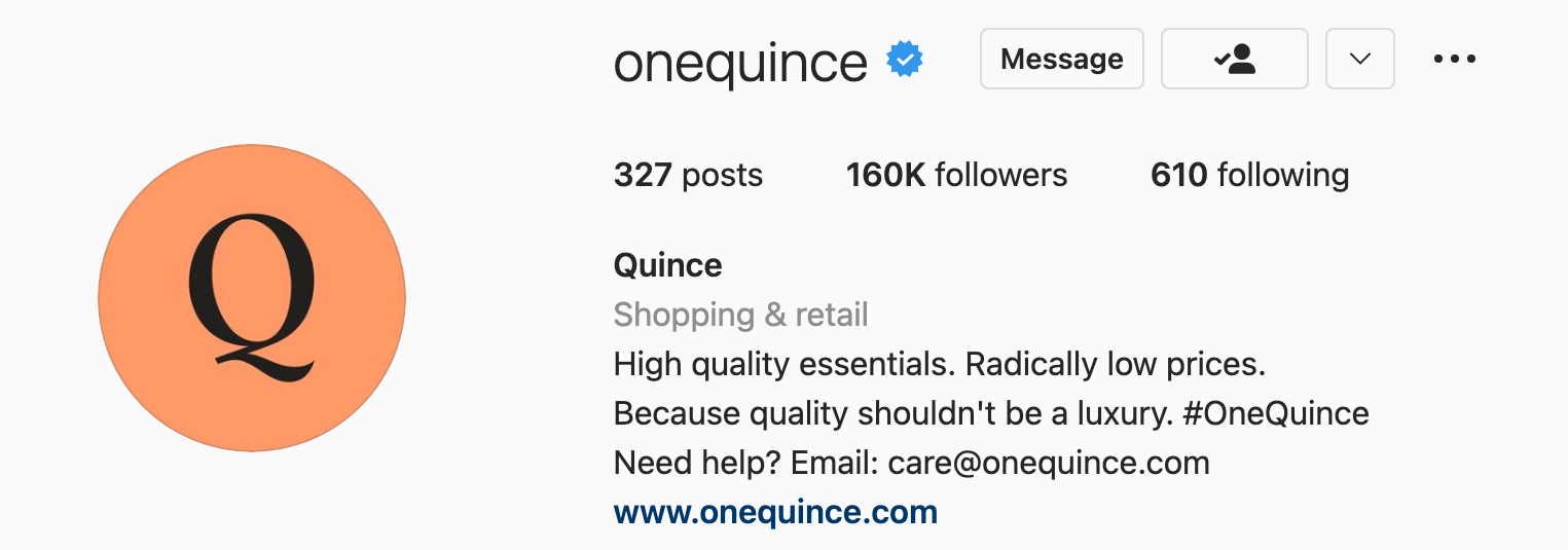 スモール ビジネス向けの instagram マーケティング, スモール ビジネス向けの Instagram バイオ Quince は、同社の Instagram マーケティング戦略の重要な要素です。