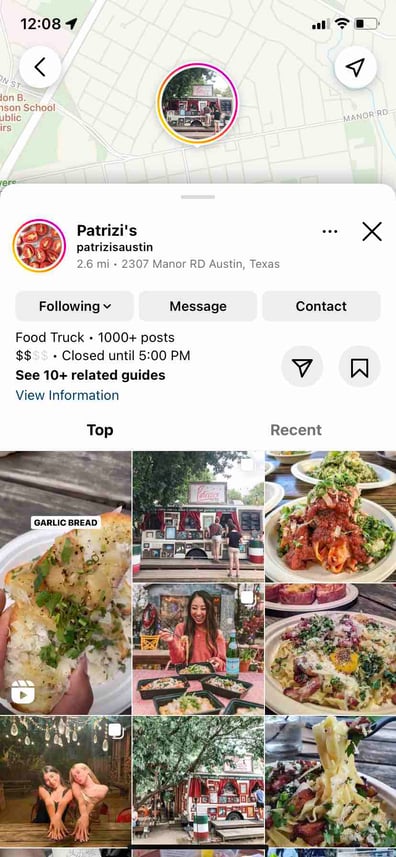 スモール ビジネス向けの instagram マーケティング、オースティンを拠点とするフード トラックのスモール ビジネス、Patrizi's の Instagram ジオタグの結果