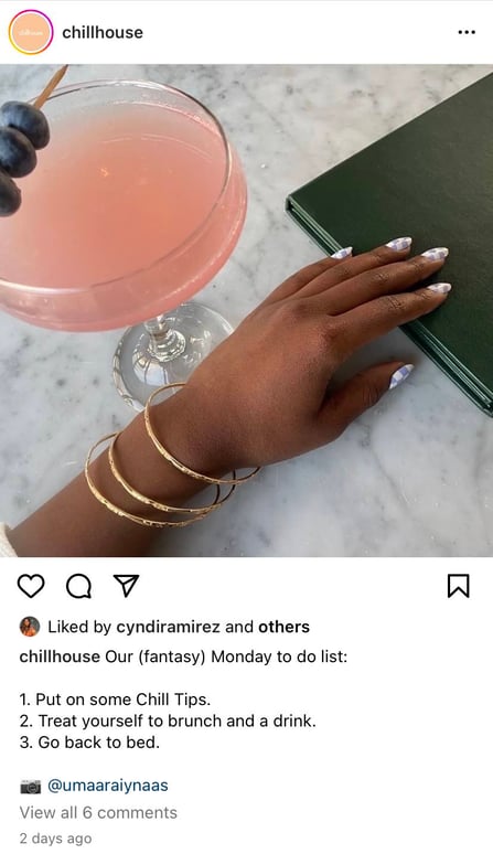スモール ビジネス向けの instagram マーケティング、ユーザー生成コンテンツは、スモール ビジネス向けの Chillhouse の Instagram マーケティング戦略の一部です。