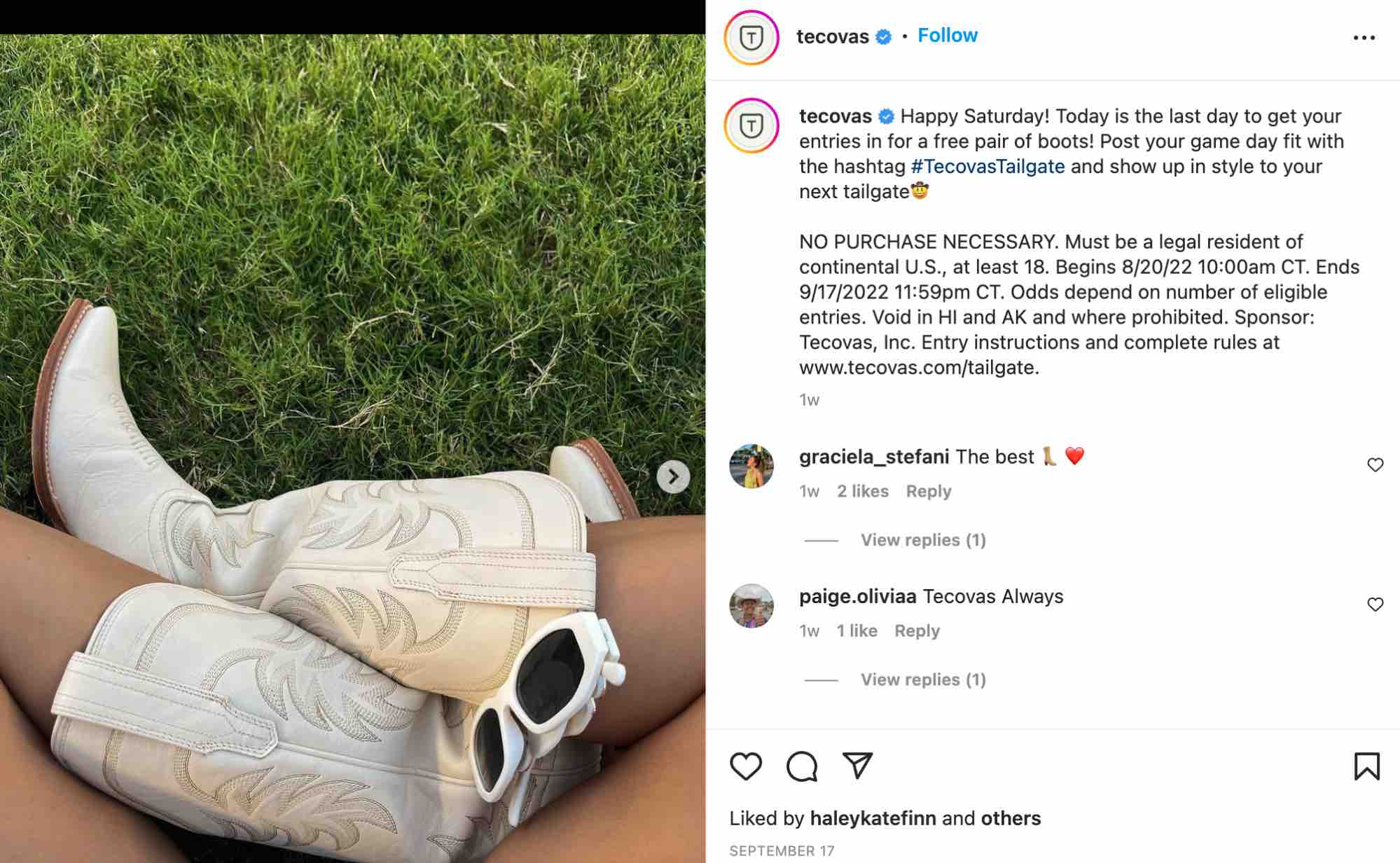スモール ビジネス向けの instagram マーケティング、ブーツ ブランド Tecovas の Instagram 投稿は、ブランド化されたハッシュタグがスモール ビジネス向けの Instagram マーケティング戦略にどのように効果的であるかを示しています。