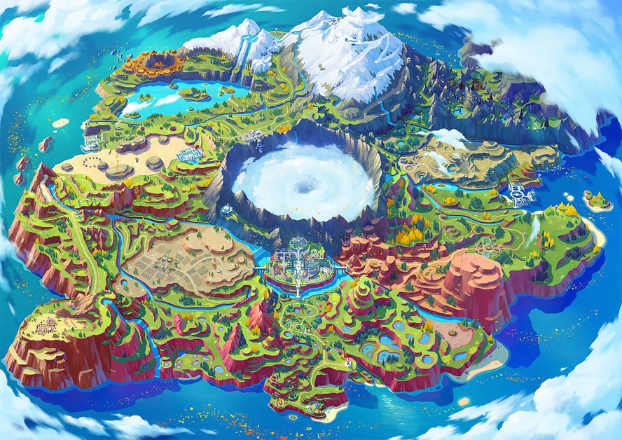 IGN's own Ryan Quintal upscaled Pokemon Scarlet and Violet's Paldea region map, showing off desert areas, seaside towns, grassy villages, and cliffside locations.