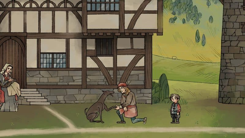 A man shakes paws with a dog outside an old tudor style building in a screen grab from Obsidian Entertainment's Pentiment