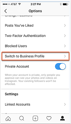 Cambiar a la opción Perfil de empresa en la aplicación móvil de Instagram