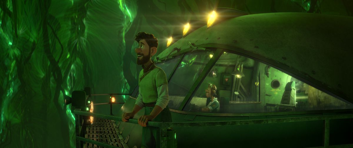 searcher clade, a scruffy haired man, looks at the glowing green roots of the pando plant in strange world