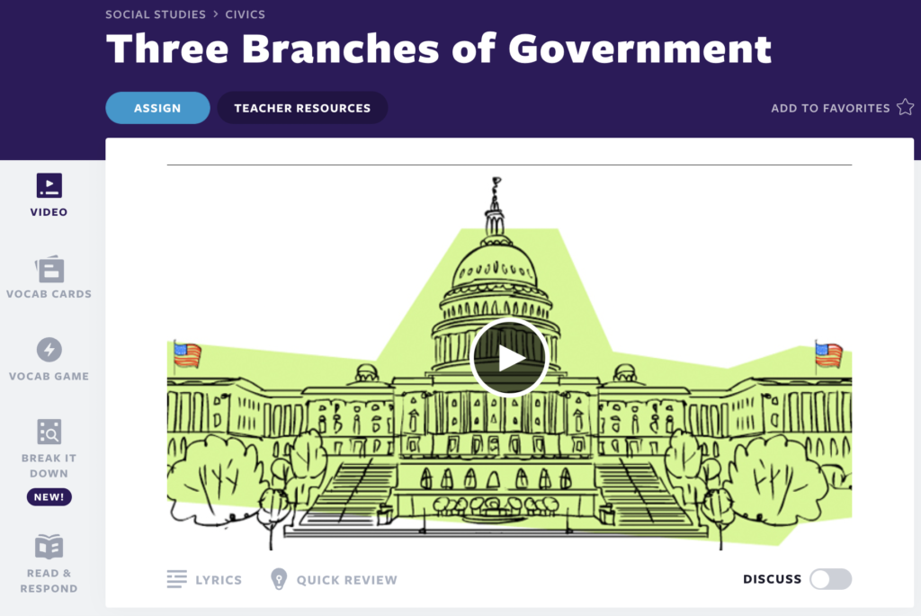Flocabulary Three Branches of Government video lesson preview