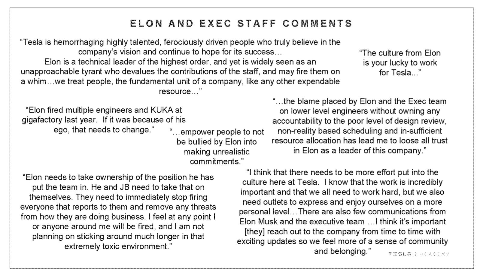 A screenshot of a page from Tesla's 2018 employee survey, showing comments about "Elon and Exec Staff"