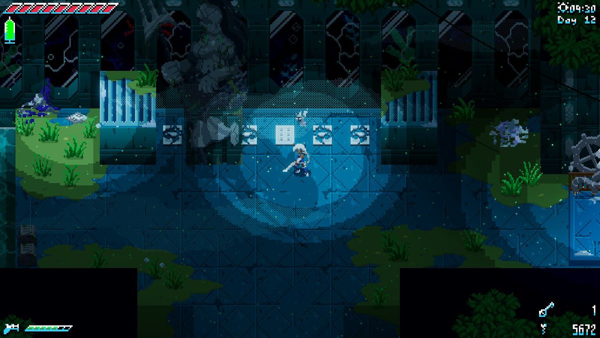 Alma se para frente a un rompecabezas en Unsighted, un juego con una estética retro de píxeles. El área en la que se encuentra el jugador tiene una paleta de colores azul y verde de mal humor.