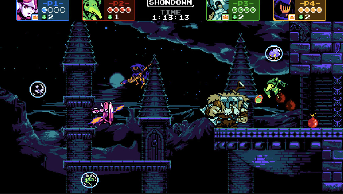 Una captura de pantalla de Shovel Knight: Treasure Trove en la que aparecen cuatro sprites en la pantalla.