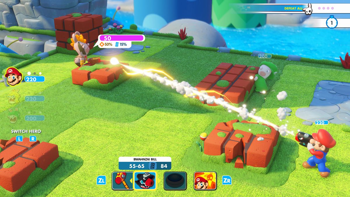 في لقطة الشاشة هذه من Mario + Rabbids Kingdom Battle ، يصوب ماريو مسدسًا بذراعه ويطلق النار على ربيد قريب مع طلاء الوجه. يقف كل من ماريو والرابيد بجوار كتل ارتفاع الخصر يستخدمونها كغطاء. هدف في الأعلى