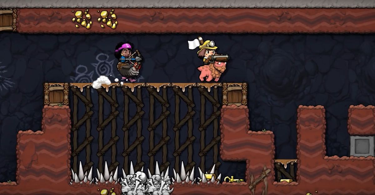 En Spelunky 2, dos jugadores montan corceles a través de plataformas sobre un área cubierta de púas.