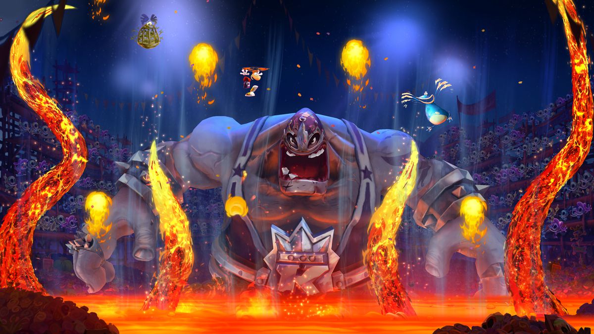 Los personajes de Rayman Legends se enfrentan a Fiesta Boss, que parece un gran luchador.