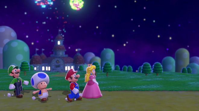 يسير Luigi و Toad و Mario و Peach معًا في Super Mario 3D World.