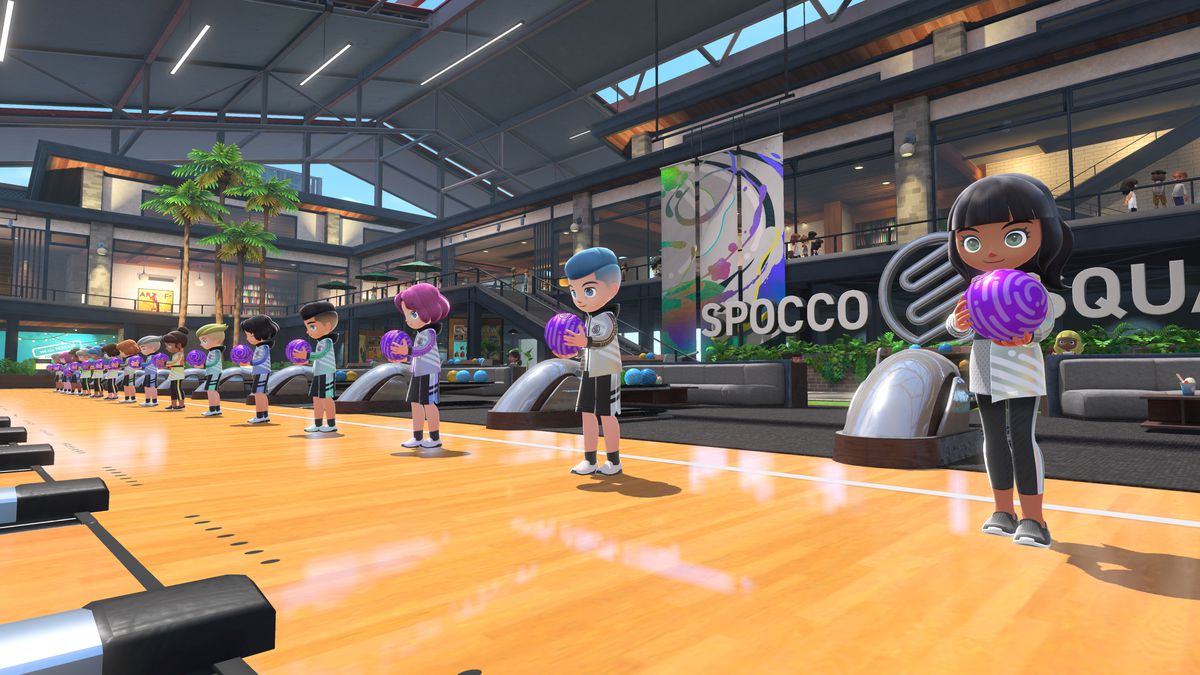16 vận động viên ném bóng xếp hàng để ném bóng trong ảnh chụp màn hình từ Nintendo Switch Sports