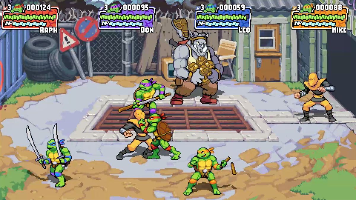 Captura de pantalla que muestra a Leonardo, Donatello, Raphael y Michelangelo luchando contra enemigos en Teenage Mutant Ninja Turtles: Shredder's Revenge.