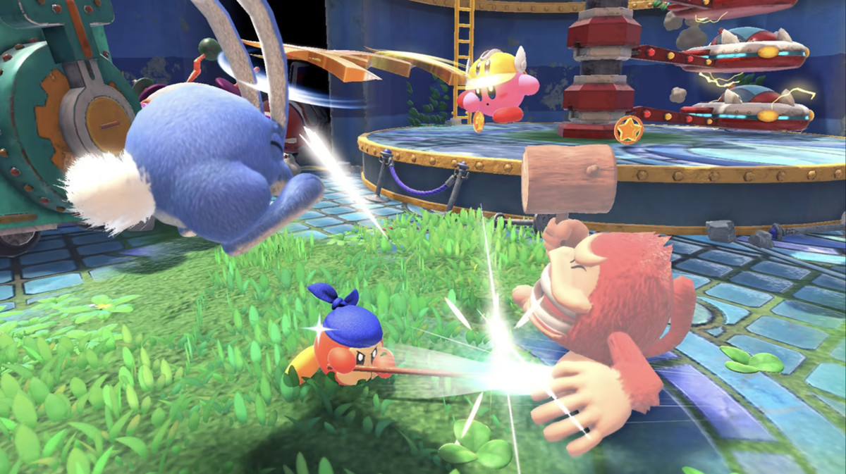 Kirby và Waddledee đang chiến đấu với một sinh vật lông lá lớn bằng một cây búa khổng lồ.