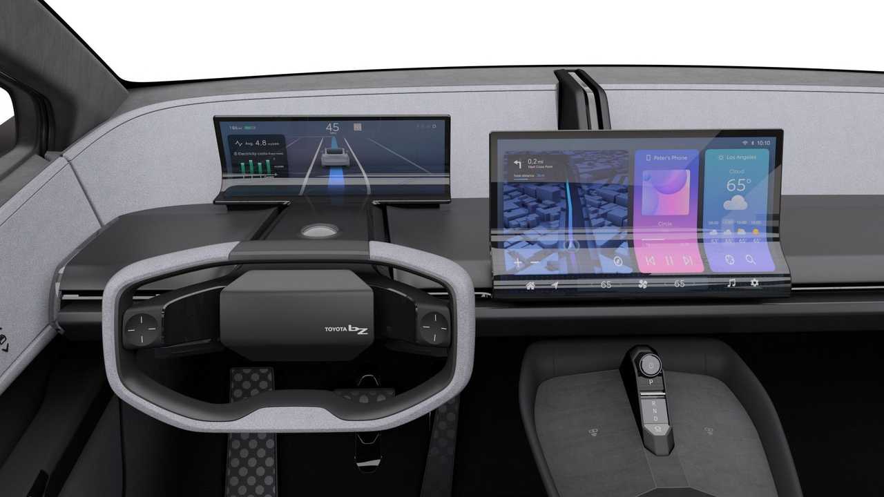 Volante interior Toyota bZ Compact SUV Concept, grupo de instrumentos digitales y pantalla táctil central