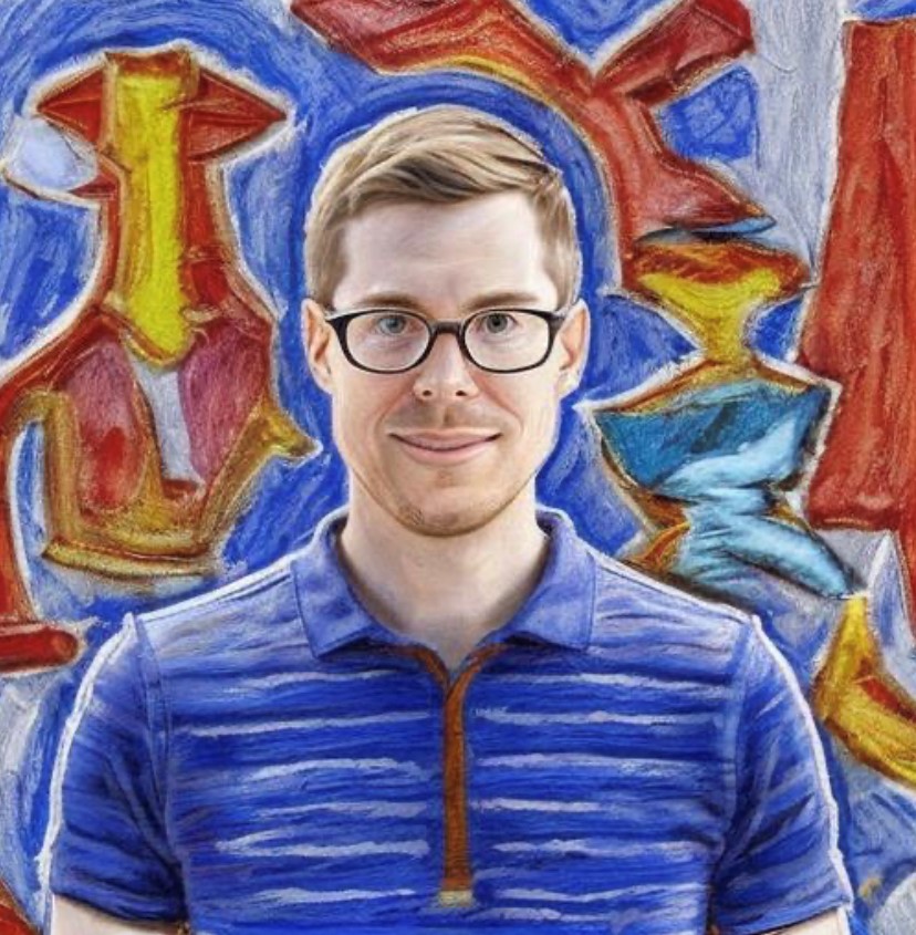 Een door AI gegenereerd beeld van een blonde man met bril en een blauw jasje met een abstracte picasso-achtige achtergrond.