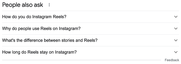 Kết quả tìm kiếm “Mọi người cũng hỏi” cho cụm từ “Instagram Reels” trên Google.