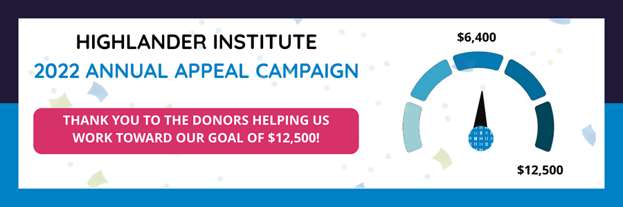 Highlander Institute 2022 Annual Appeal Campaign speedometer graphic points to $6,400 raised toward $12,500 goal