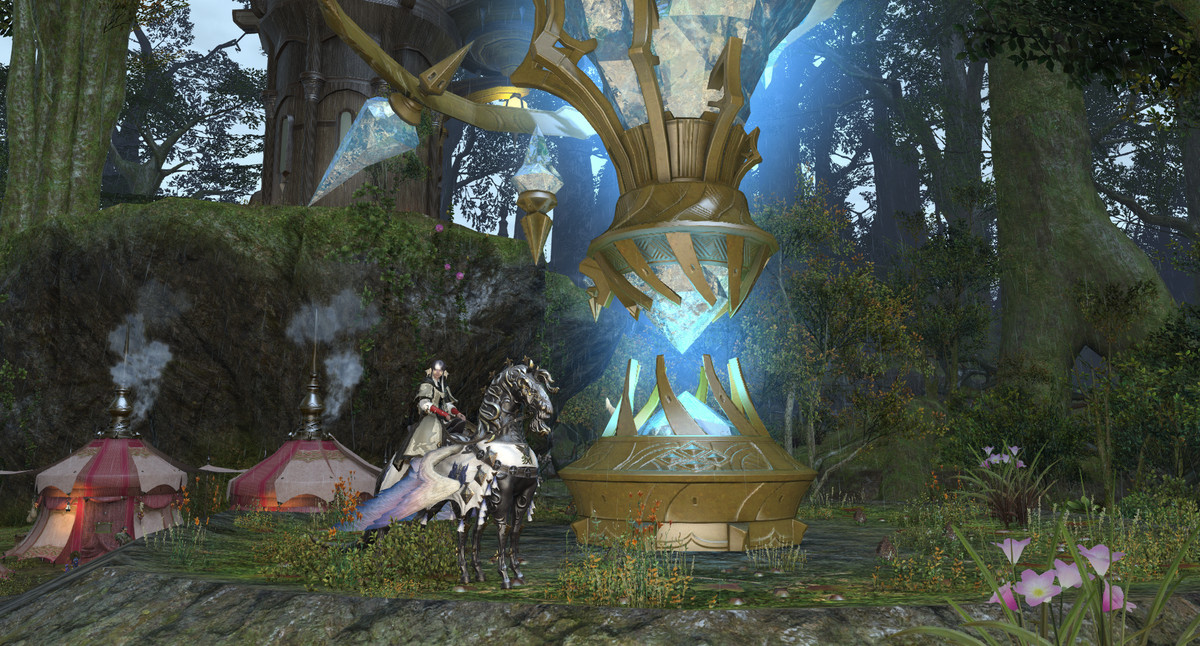 An image of a character from Final Fantasy 14 riding an armored pegasus. The two are standing besides a giant floating blue crystal.